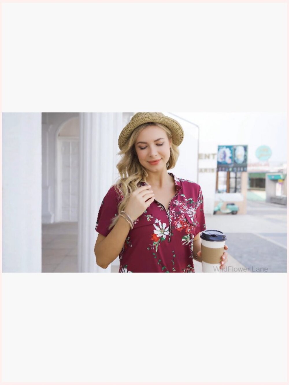 Womens Short Sleeve Zip Floral Tunic Blouse Casual Summer Top - Picture 6 of 6